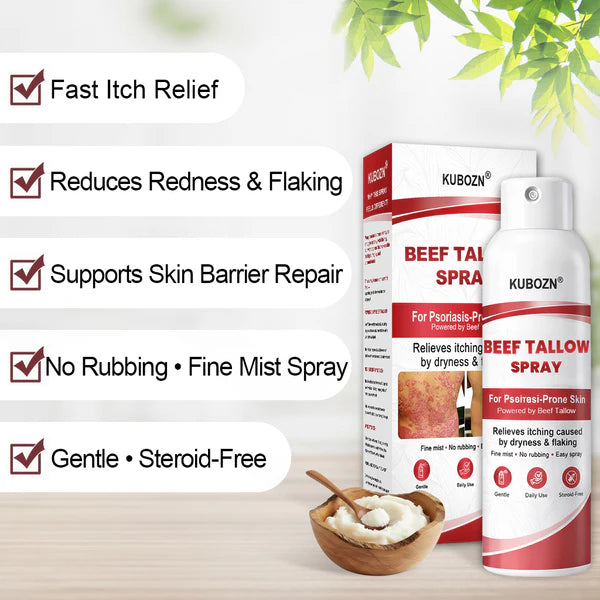 Spray de sebo bovino KUBOZN® para pele com psoríase que coça e descama.